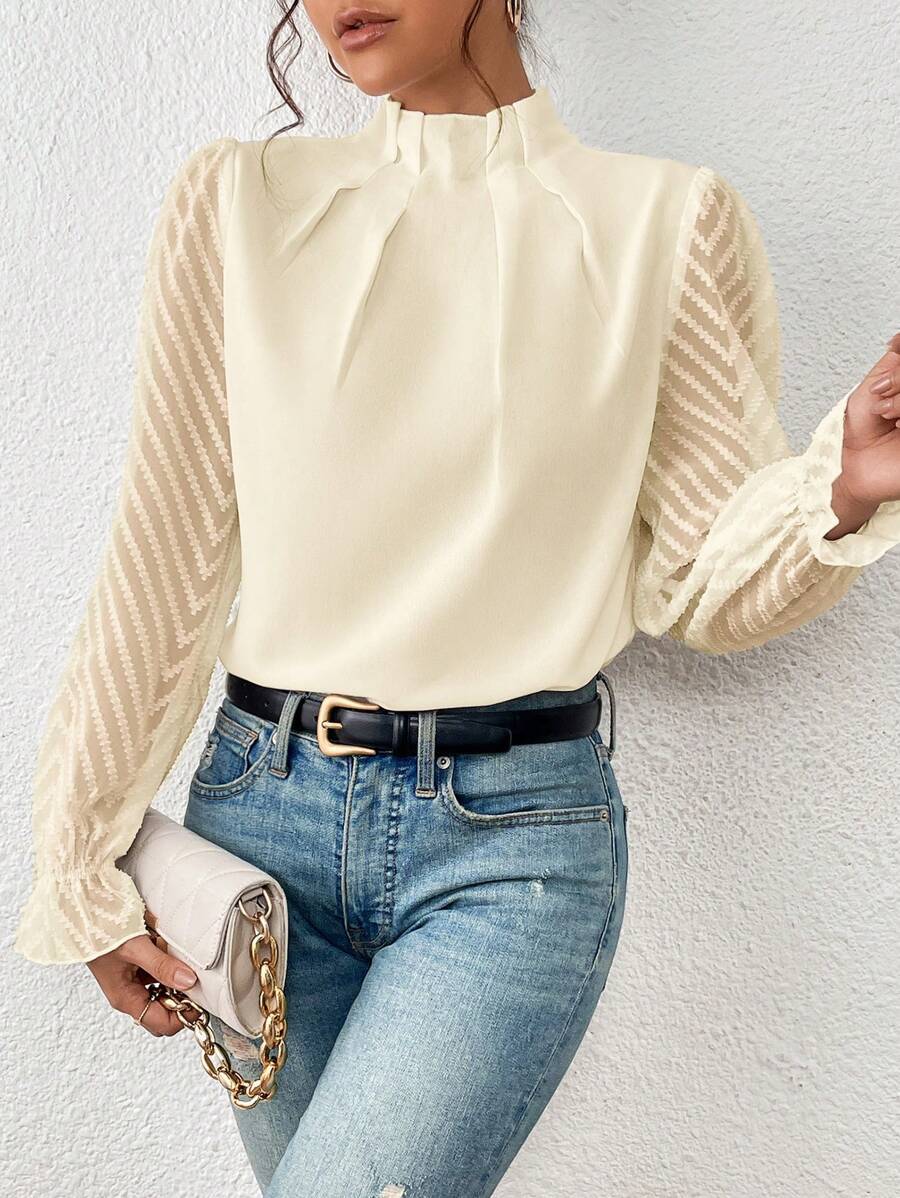 Ropa de mujer Otoño Invierno medio cuello alto costura patrón de onda gasa manga larga Top Mujer