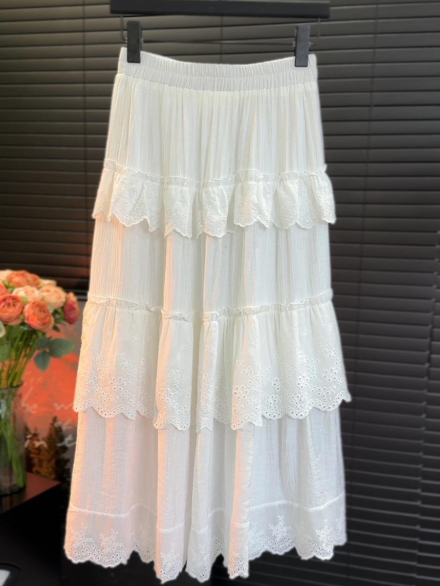 Crochet Ruffled Tiered Dress Spring Summer Korean Pleated Elegant Graceful Long Skirt