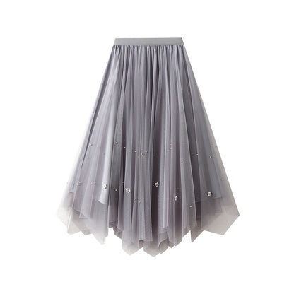 Beaded Mesh Skirt Women High Waist Slimming Irregular Asymmetric Pleated Skirt Mid Length A Line Skirt