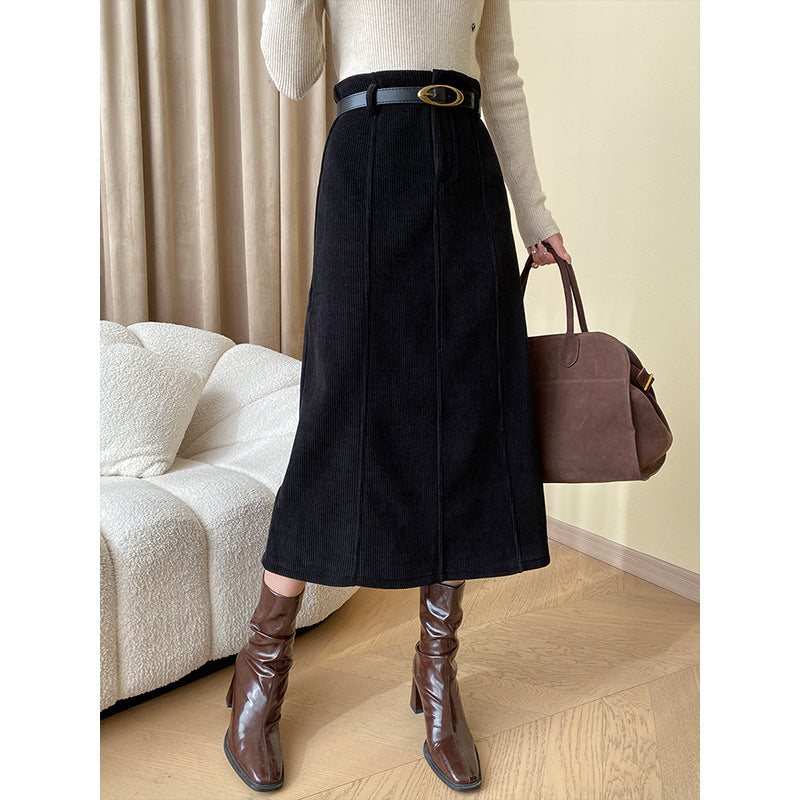 Belt Bud Shaped Waist Corduroy Straight A line Fleece lined Skirt