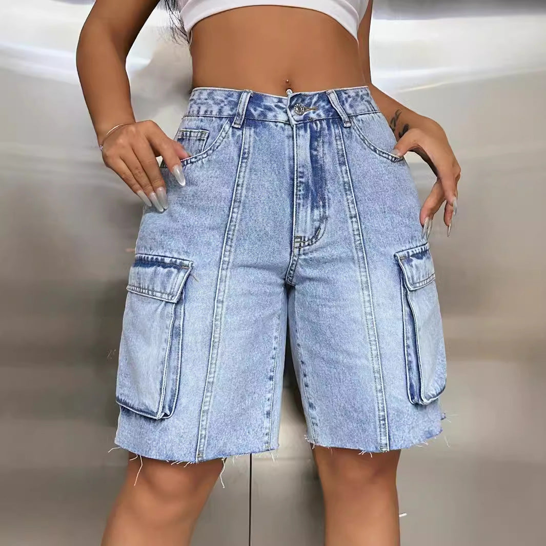 Women Clothing High Waist Big Pocket Slimming Loose Cargo Denim Shorts