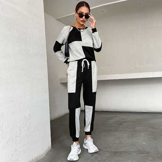 Women Clothing Autumn Winter Multicolor Hoodie round Neck Suit Women Casual Two Piece Suit