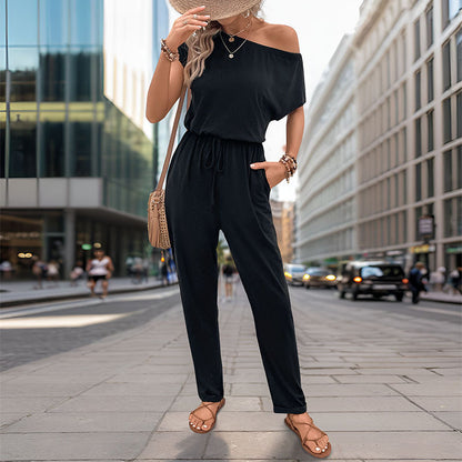 Mono de verano para mujer, con hombros descubiertos y pantalones de color liso