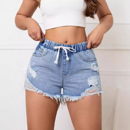 Women Clothing Elastic Waist Slimming Fashionable Denim Shorts