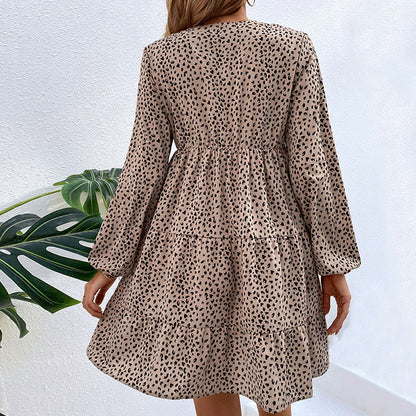 Vestido de manga larga con estampado de leopardo plisado de ropa de primavera para mujer