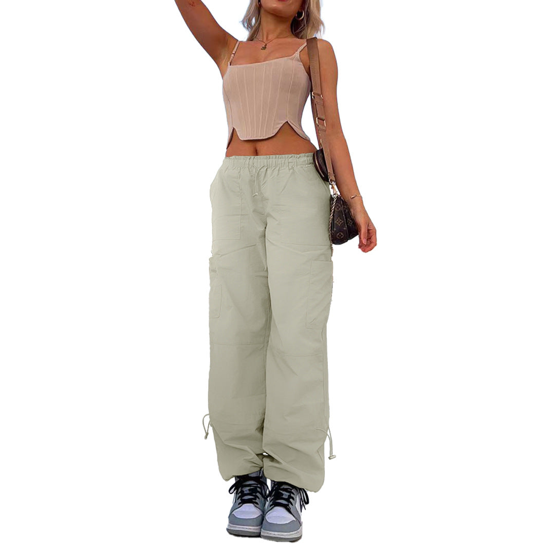 Women Clothing Loose Tied Multi Bag Straight Stretch Workwear Casual Pants