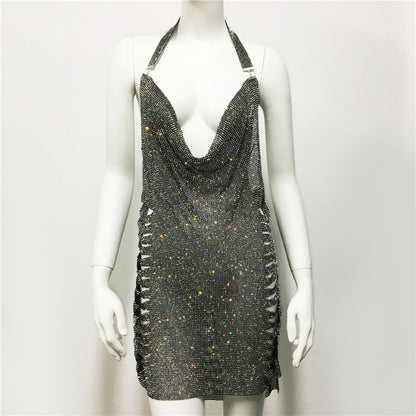 Ropa de mujer, vestido Popular de Metal con diamantes de imitación, vestido Sexy para fiesta y discoteca, vestido Halter para mujer