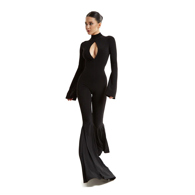 Women Wear Sexy Slim Fit Hollow Out Cutout out Long Sleeve Jumpsuit Hip Mop Flared Pants Jumpsuit