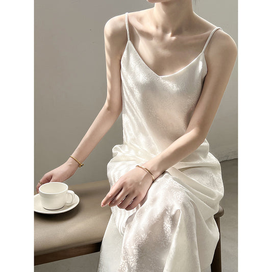 Chinese Traditional Jacquard V neck Strap Dress Women Spring Summer Satin Drape Dress