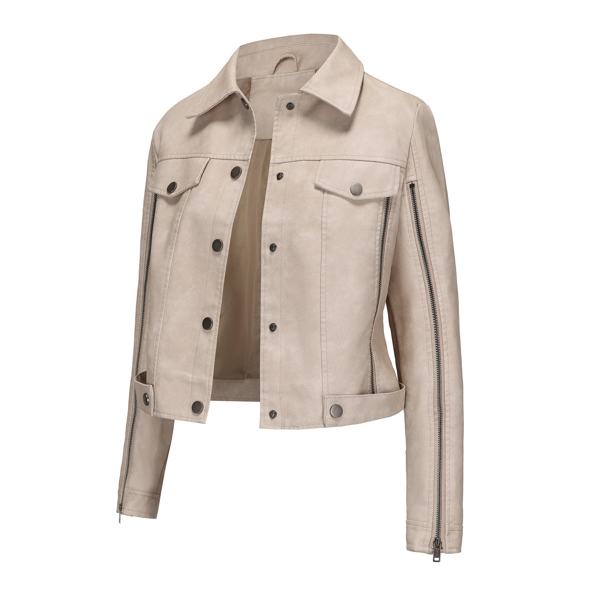 Chaqueta de moto con adornos de cremallera, cárdigan de manga larga, chaqueta popular, abrigo de cuero fino para primavera y otoño para mujer