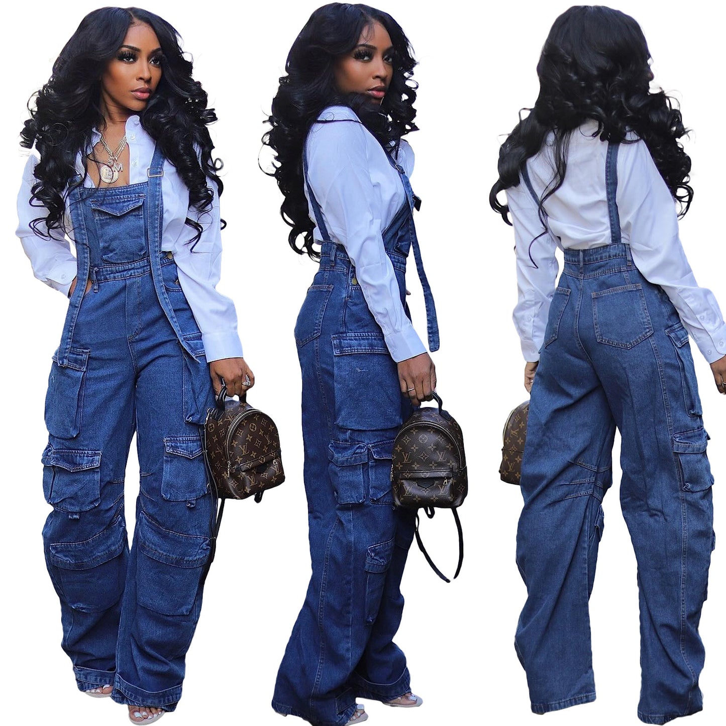 Women Sexy Washed Denim Loose Multi Pocket Suspenders Pants