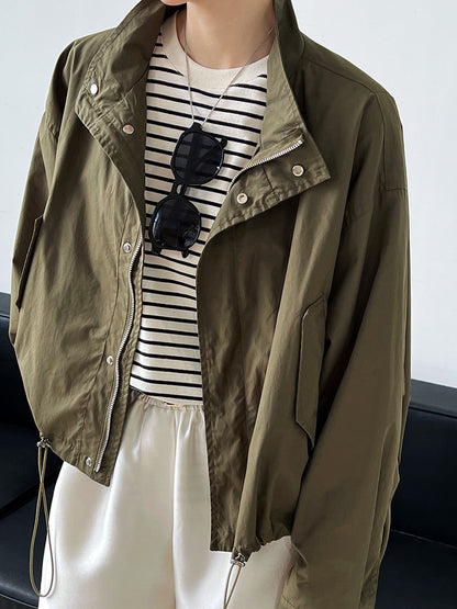 Autumn Retro Stand Collar Drawstring Cargo Jacket Coat Loose Zip Women Gore Tex Jacket