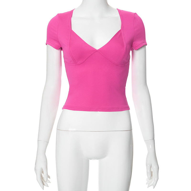 Ropa de mujer Verano Color sólido Simple Casual Cuello en V Camiseta corta delgada Top para mujer