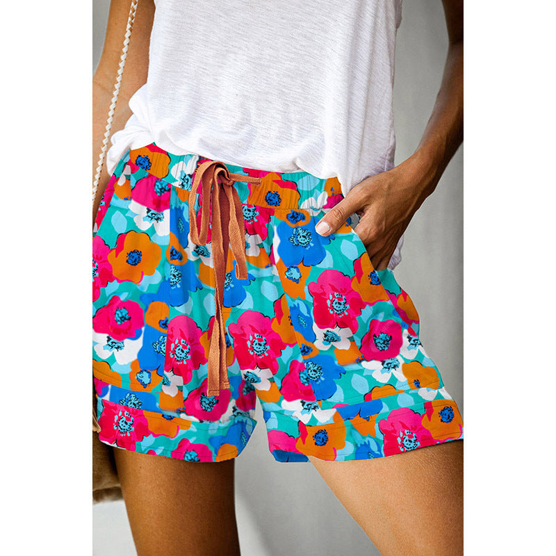 Short d'été multicolore imprimé Floral, cordon de serrage, taille élastique, décontracté, pantalon de plage ample pour femmes