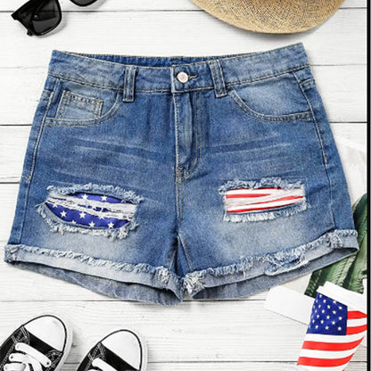 Short en jean à patch drapeau imprimé