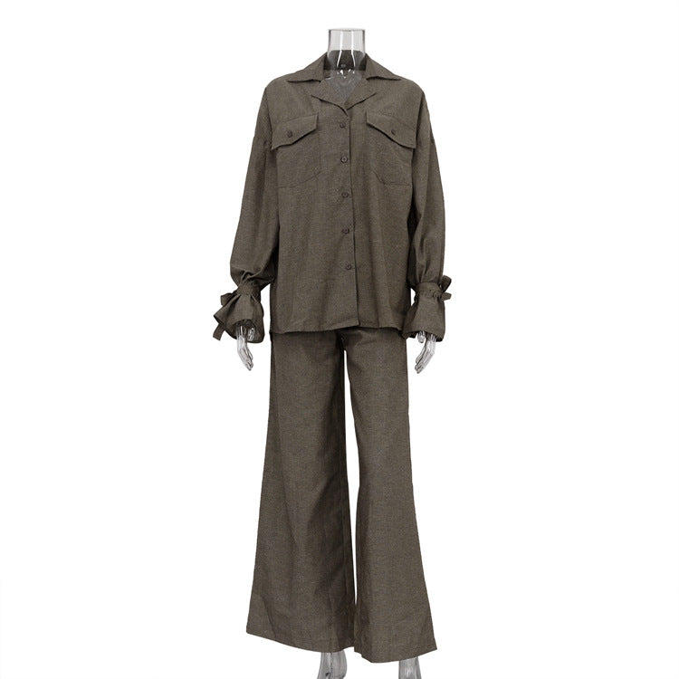 Women Autumn Winter Bell Sleeve Collared Shirt Wide Leg Pants Casual Loose Two Piece Sets