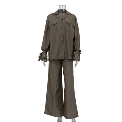 Women Autumn Winter Bell Sleeve Collared Shirt Wide Leg Pants Casual Loose Two Piece Sets