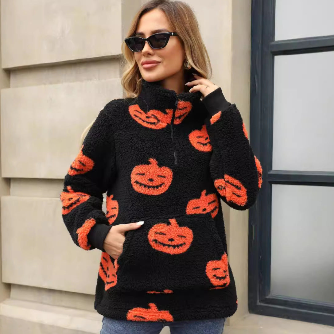 Autumn Winter Women Clothing Halloween Pumpkin Printed Half Zipper Plush Pullover Sweater