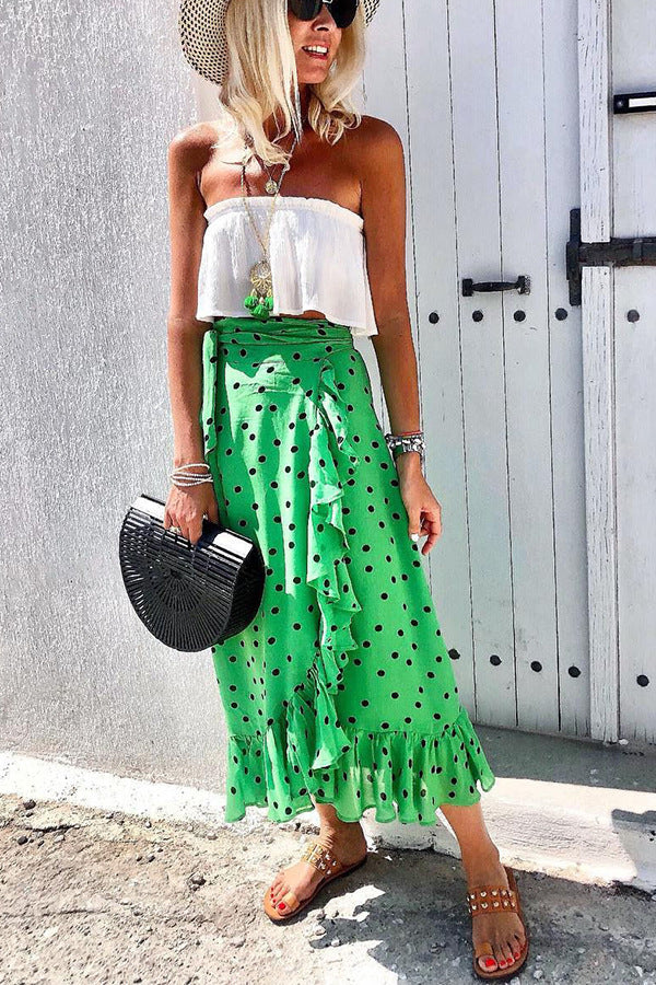 Summer Ruffles Lace up Street Printing Mid Length Skirt for Women