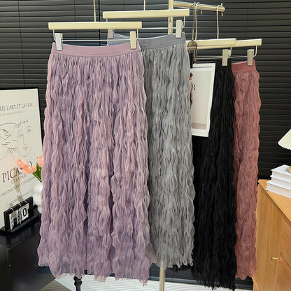 Tipsy Small Curls Pleated Irregular Asymmetric Gauze Skirt A Line Large Hem Tutu Skirt Spring Summer Fashionable Elastic Waist