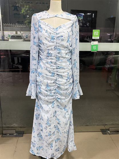 Vestido largo plisado de gasa con estampado avanzado para mujer Primavera Verano