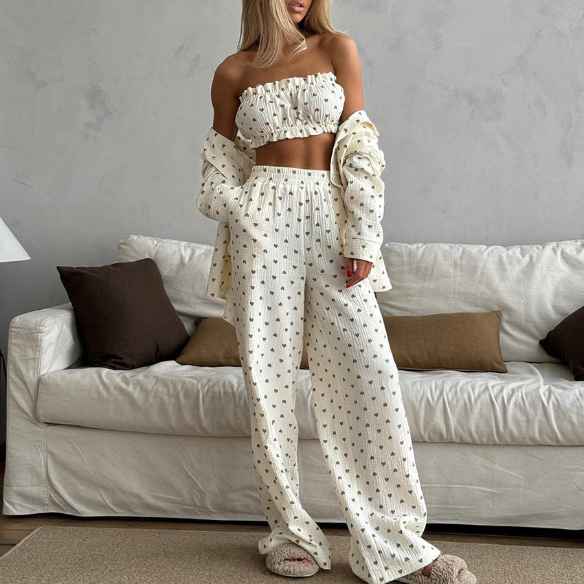 Pyjama d'été en coton imprimé cœur, ensemble trois pièces pour femmes, veste, haut tubulaire, pantalon, vêtements de maison