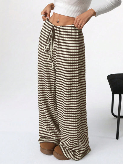 Autumn Winter Women Casual Striped Solid Color Rubber Band Drawstring Straight Leg Pants