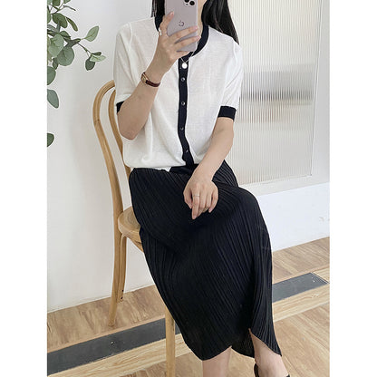 Back Slit Organ Pleated Skirt for Women Summer High Waist Slimming Pleated Skirt