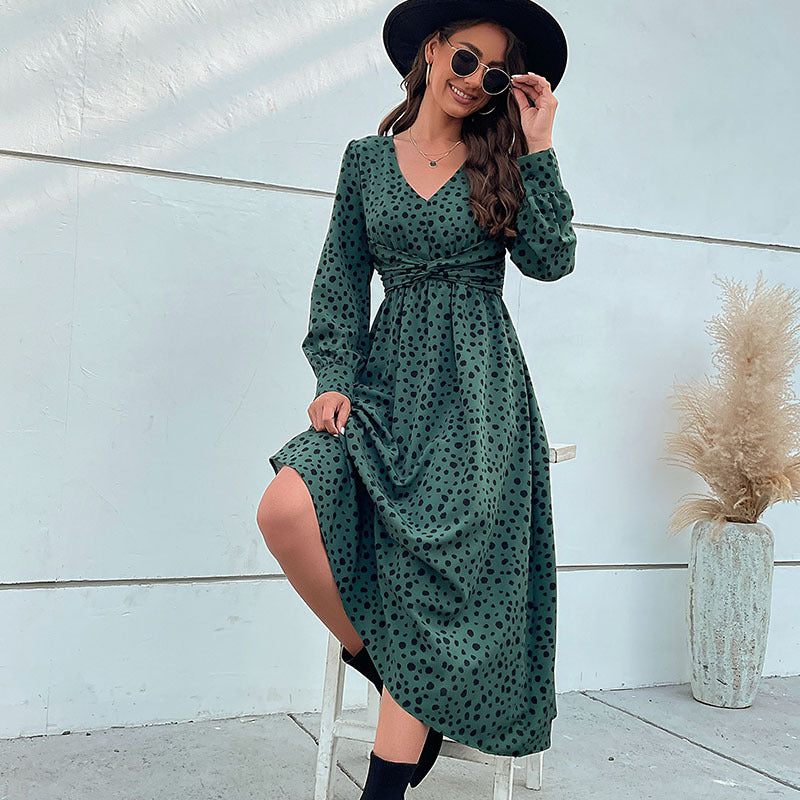 Women Wear Green Long Sleeve Leopard Print Maxi Dress