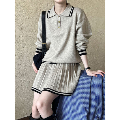 College Polo Collar Sweater High Waist Pleated Half Length Skirt Sets Women Winter