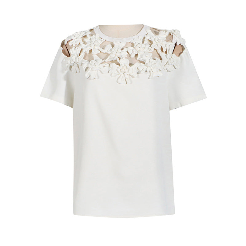 Summer Round Neck Embroidery Floral Stitching All Matching Hollow Out Cutout Short Sleeve T Shirt Top Women