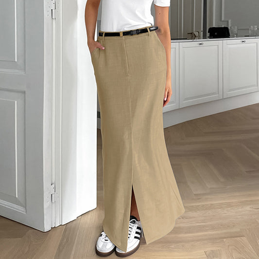 British Office Cotton Linen Straight High Waist Slit Skirt Autumn Arrival Long Skirt No Belt