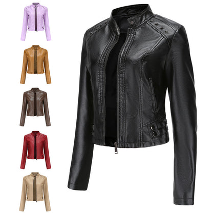 Women Clothing New Rivets Leather Women Short Spring Autumn Jacket Long Sleeve Women Jacket Thin Stand Collar Fashion Jacket