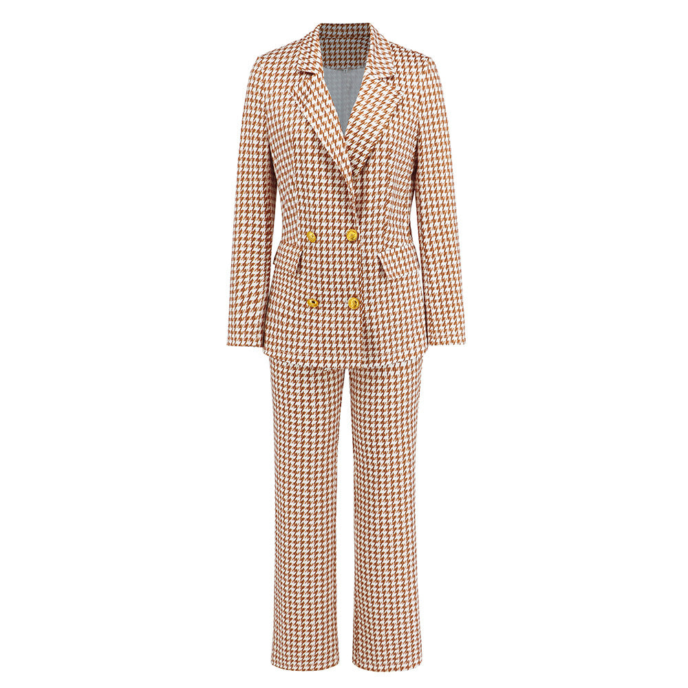 Autumn Winter Women Clothing Houndstooth Double Breasted Blazer Slim Fit Straight Trousers Suit