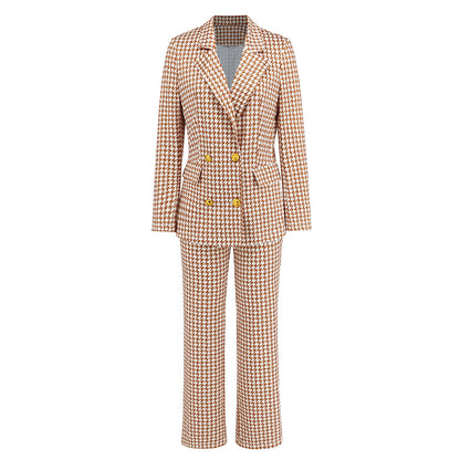 Autumn Winter Women Clothing Houndstooth Double Breasted Blazer Slim Fit Straight Trousers Suit