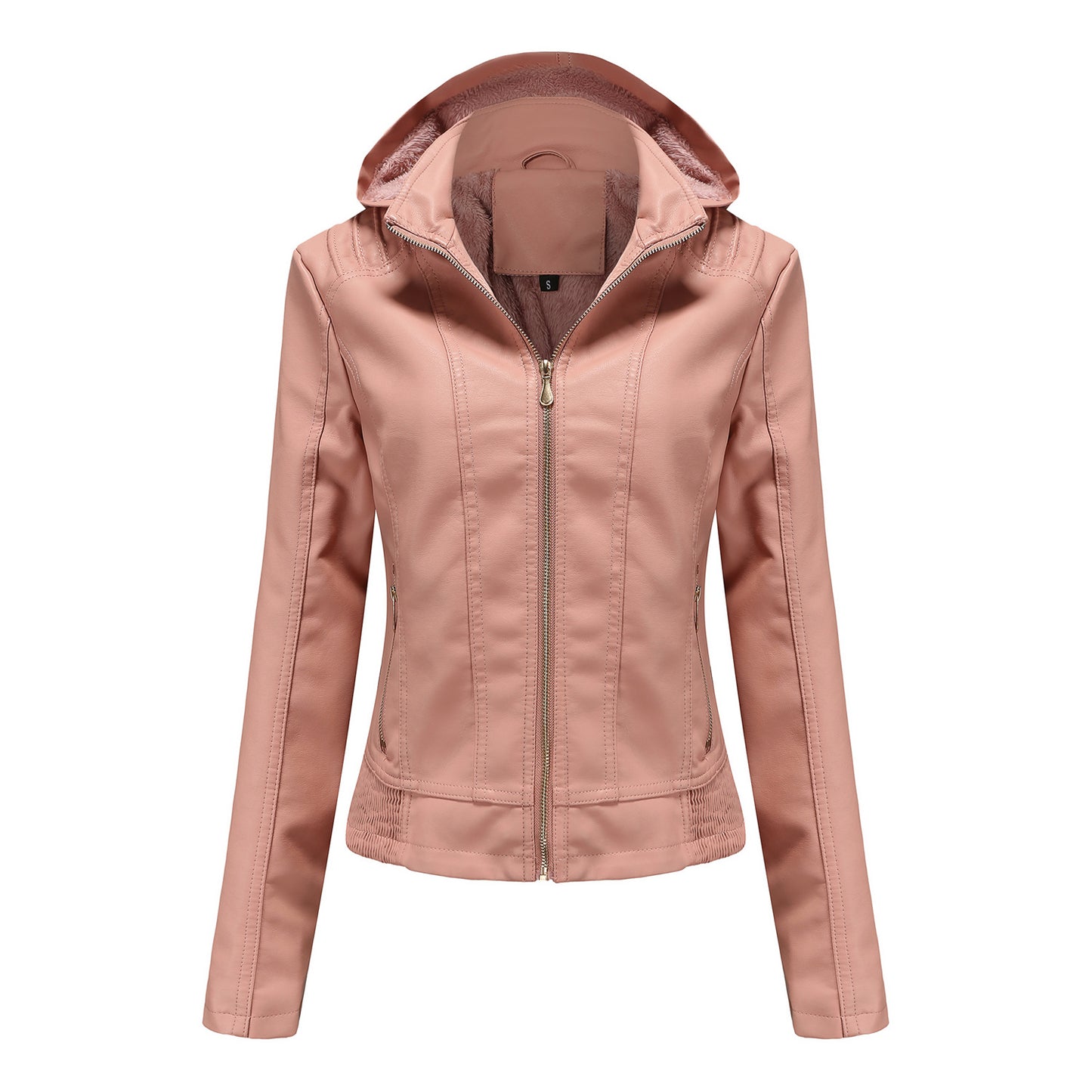 Manteau en cuir à capuche automne-hiver pour femme, chapeau amovible, manches longues, fermeture éclair, doublure polaire, veste en cuir, manteau mince