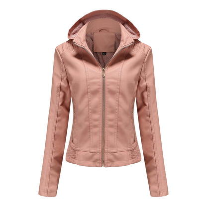 Manteau en cuir à capuche automne-hiver pour femme, chapeau amovible, manches longues, fermeture éclair, doublure polaire, veste en cuir, manteau mince