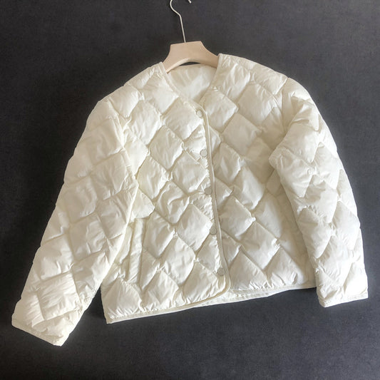 Chaqueta de plumón de pato blanco para mujer, chaqueta de plumón con entramado de diamantes, informal, elegante, de un solo pecho, corta, con cuello en V