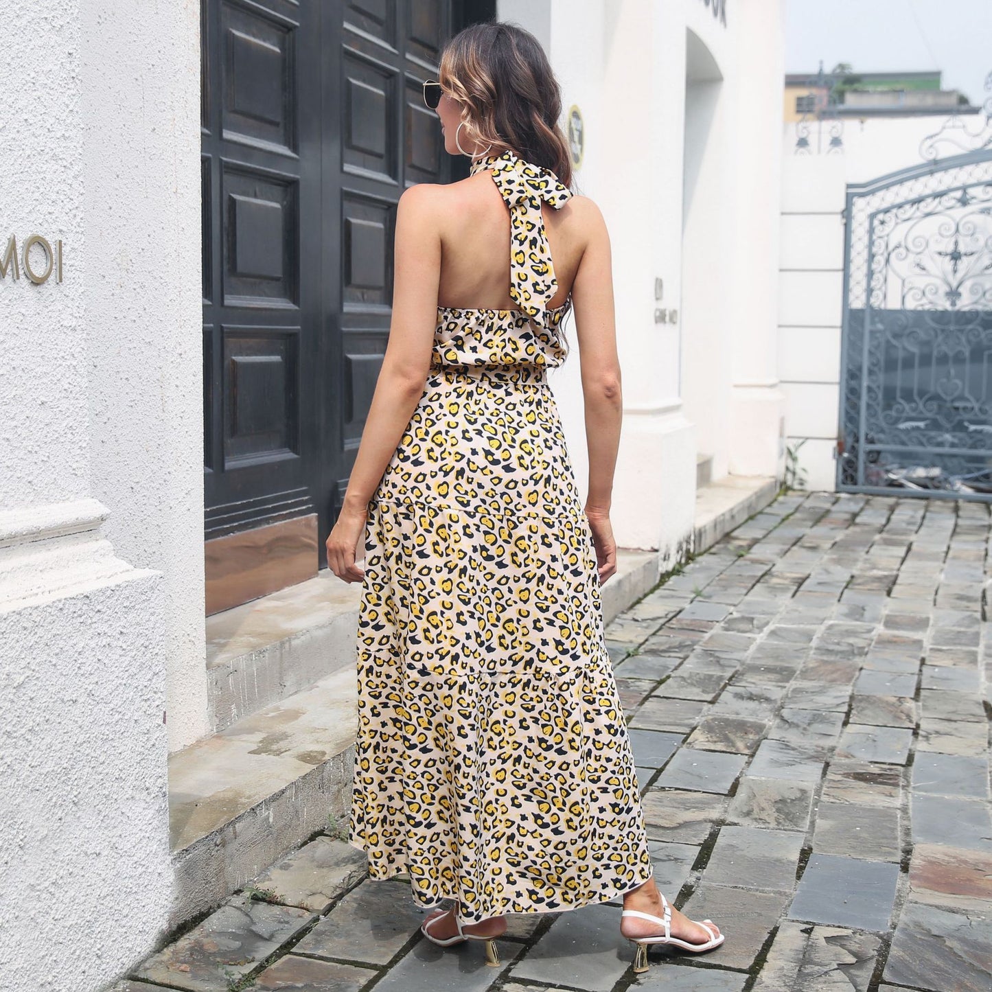 Vestido Halter de mujer, vestido de verano con estampado de leopardo, serie con cinturón, espalda descubierta, vestido grande con vuelo, ropa de mujer