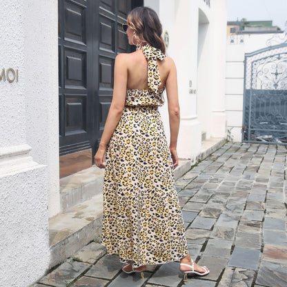 Vestido Halter de mujer, vestido de verano con estampado de leopardo, serie con cinturón, espalda descubierta, vestido grande con vuelo, ropa de mujer