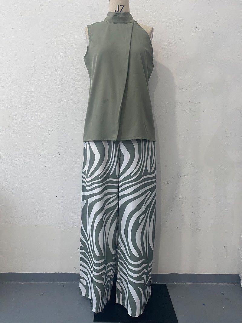 Summer Sleeveless Halter Top Zebra Print Wide Leg Pants Two Piece Set Women Clothing