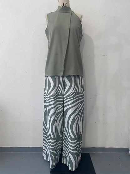 Summer Sleeveless Halter Top Zebra Print Wide Leg Pants Two Piece Set Women Clothing