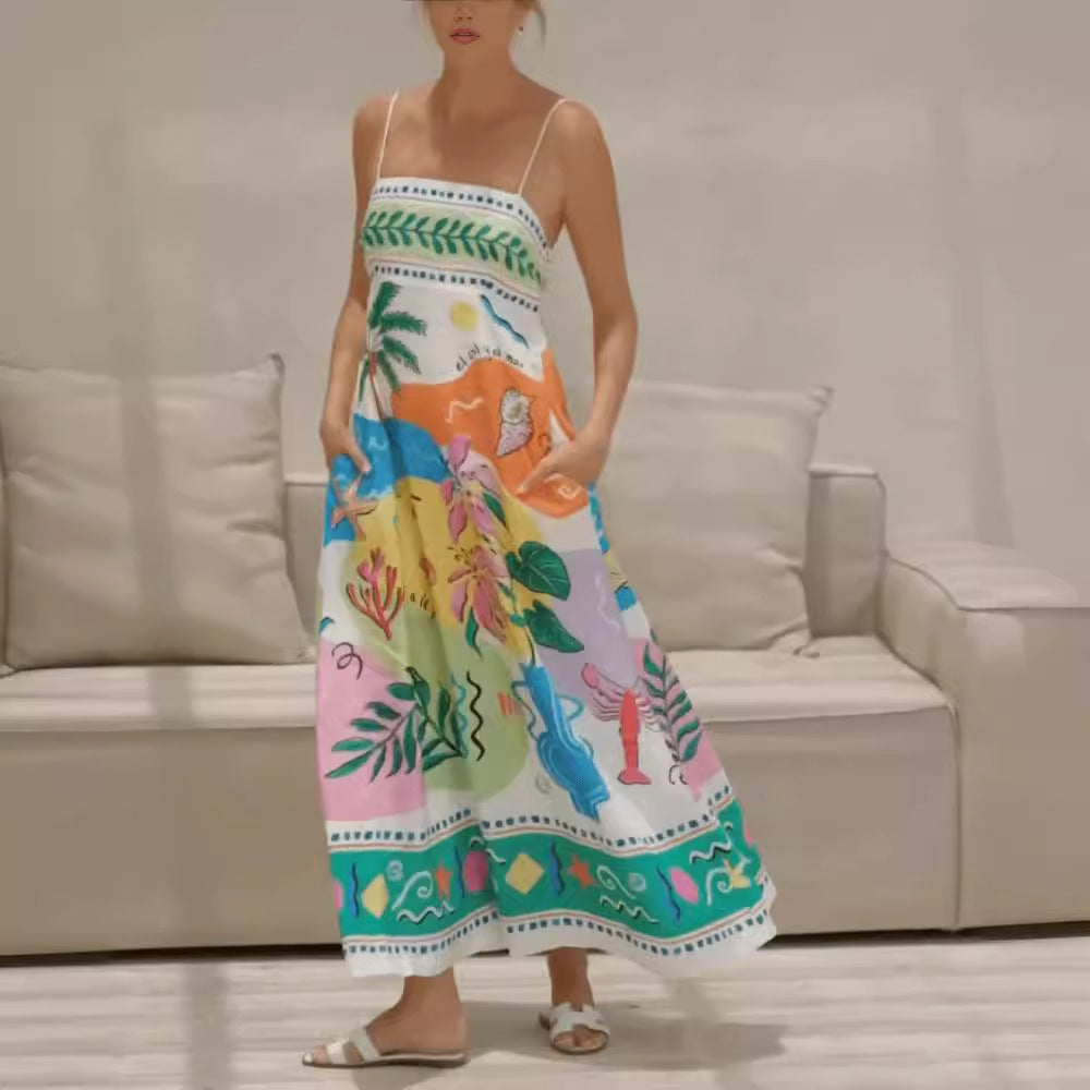 Vestido largo sin mangas con tirantes finos y estampado de posicionamiento Sexy para mujer de verano