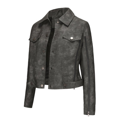 Chaqueta de moto con adornos de cremallera, cárdigan de manga larga, chaqueta popular, abrigo de cuero fino para primavera y otoño para mujer