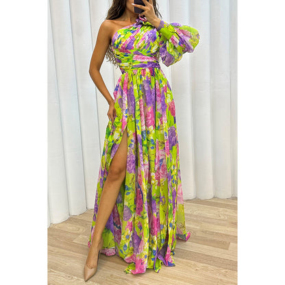 Autumn Winter Party Casual Split Dress Loose Multi Color Oblique Shoulder Dress