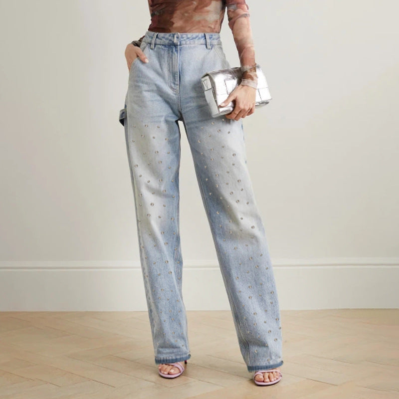 Autumn Heavy Industry Beads Straight Leg Pants High Waist Slimming Fashionable All Match Denim Trousers