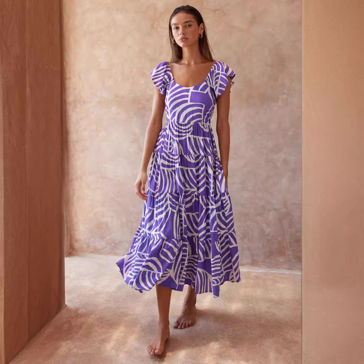 Vestido con dobladillo grande controlado en la cintura y manga con volantes estampado violeta de verano para mujer