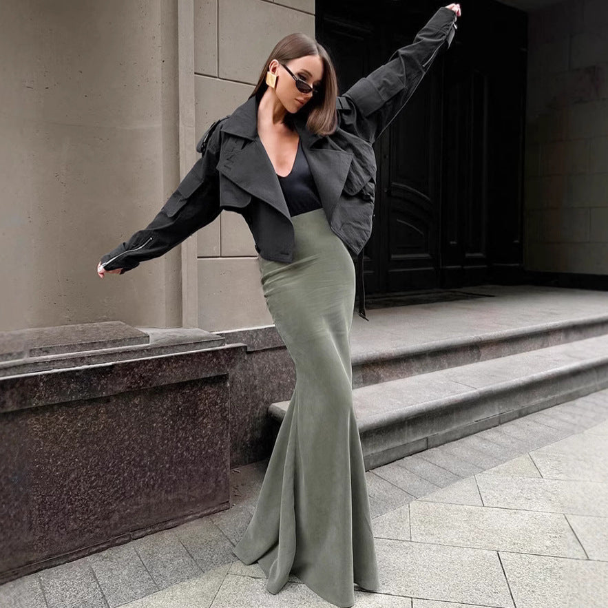 Autumn Winter Retro Silver Fox Velvet Green Slim High Waist Sheath Fishtail Skirt Elegant Casual Dress Women Clothing