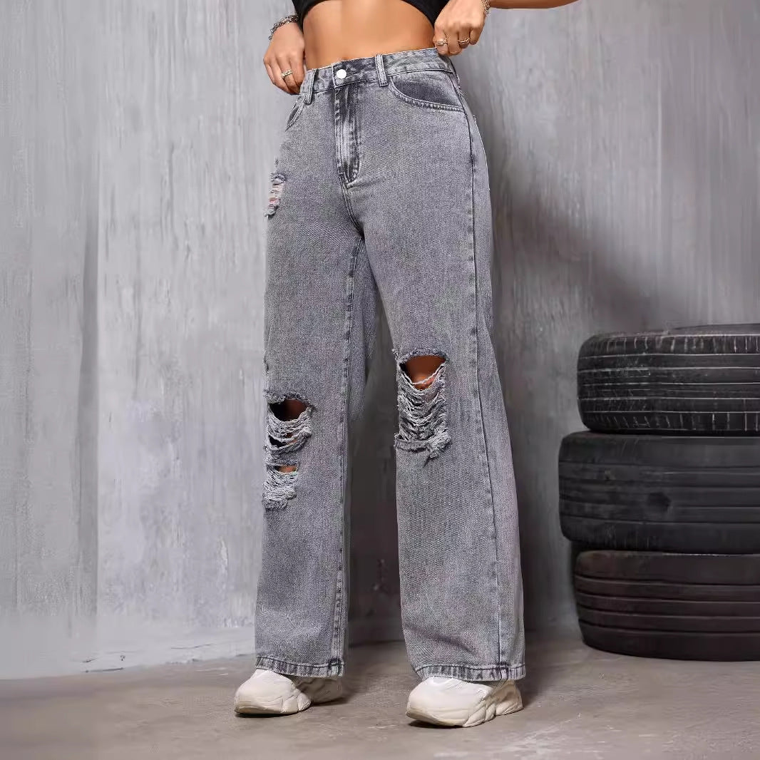 Pantalones de pierna recta para mujer Denim con agujero lavado desgastado calle adelgazamiento Casual años primavera verano