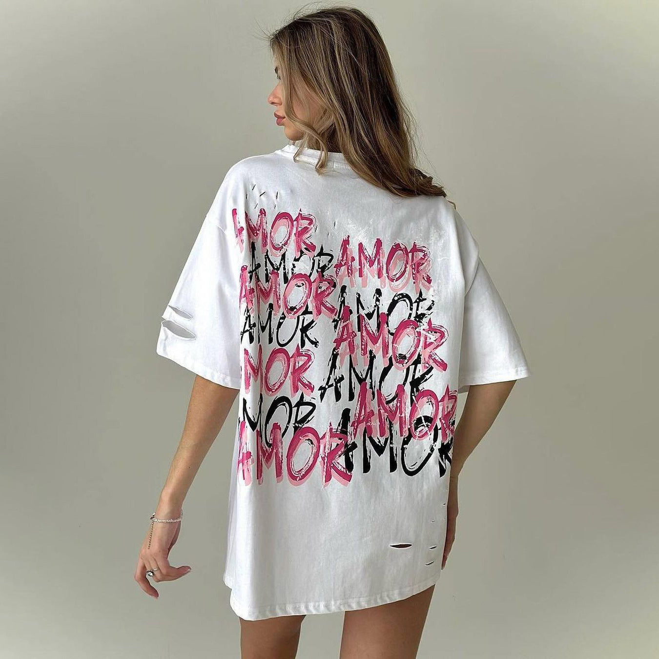 T-shirt à manches courtes pour femmes, Design cassé, Sexy, lettre Amor, imprimé graphique, couleur contrastée, col rond, grande Version, haut assorti pour femmes